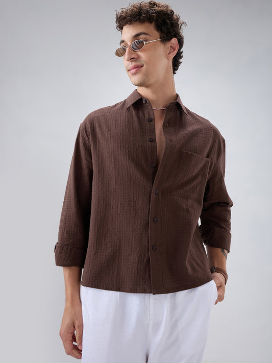 Chocolate Brown Micro Box Textured Boxy Fit Crop Shirt