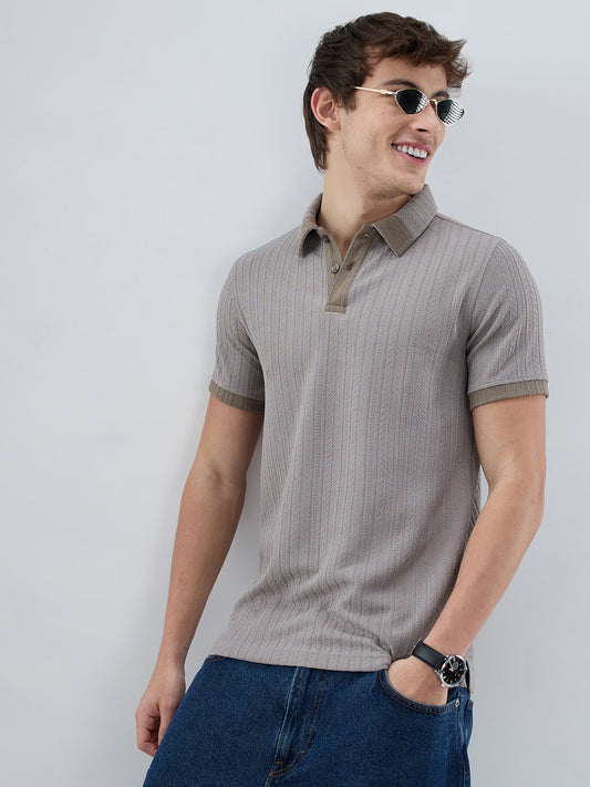 Ash Grey Ribbed Polo Neck Knit T-shirt