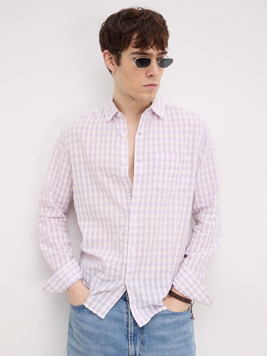 Muted Lilac Shadow Check Calm Aesthetic Shirt