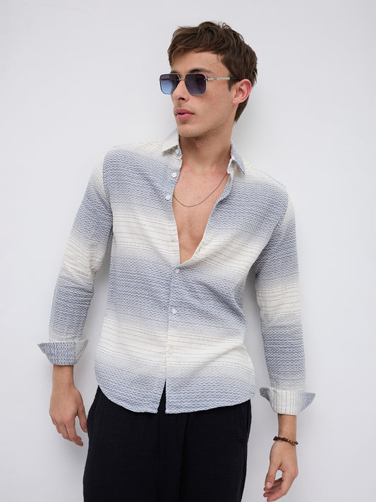 White & Blue Jacquard Wave Pattern Striped Shirt