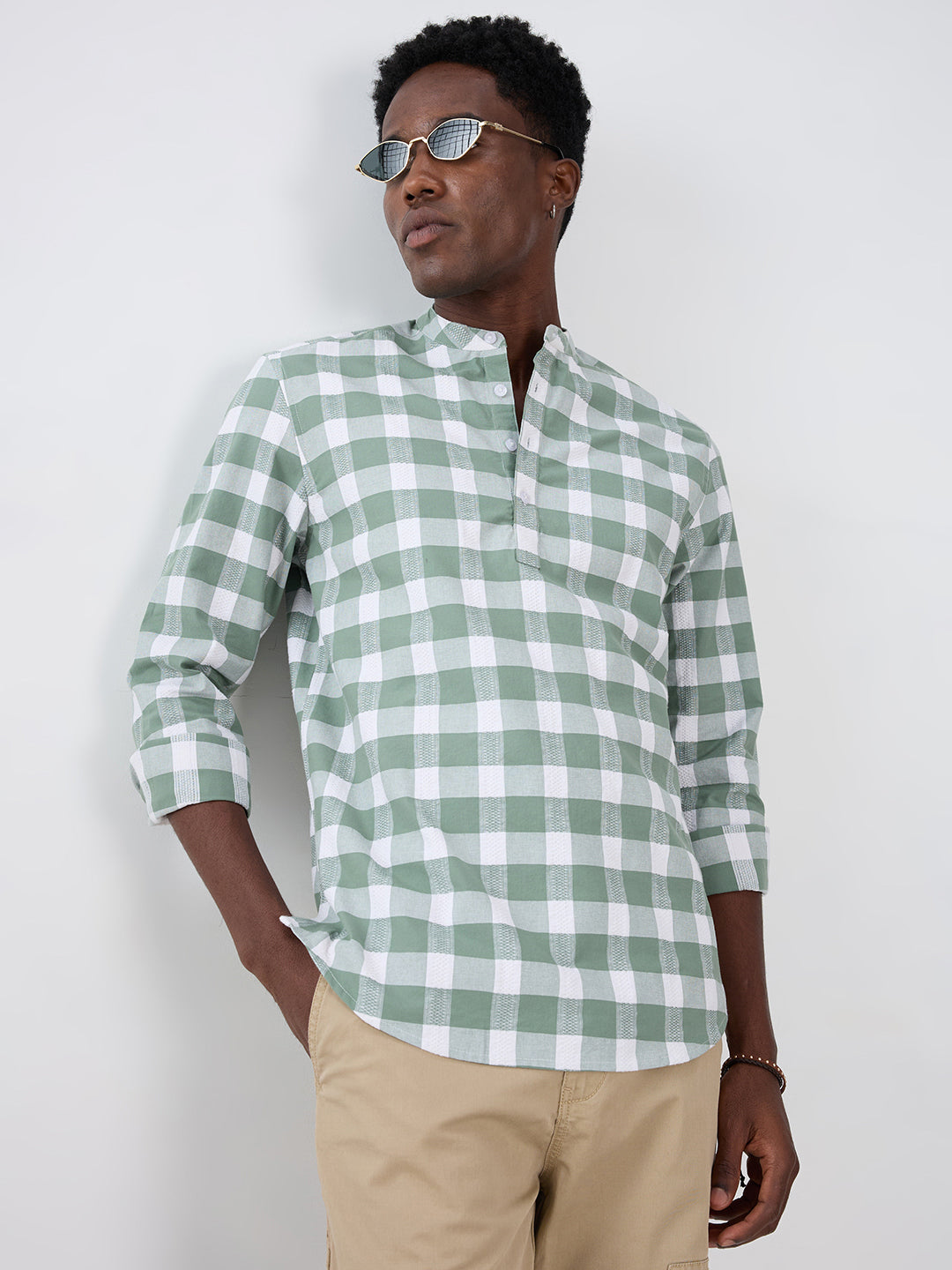 Premium Dusty Seafoam Green Textured Checks Kurta
