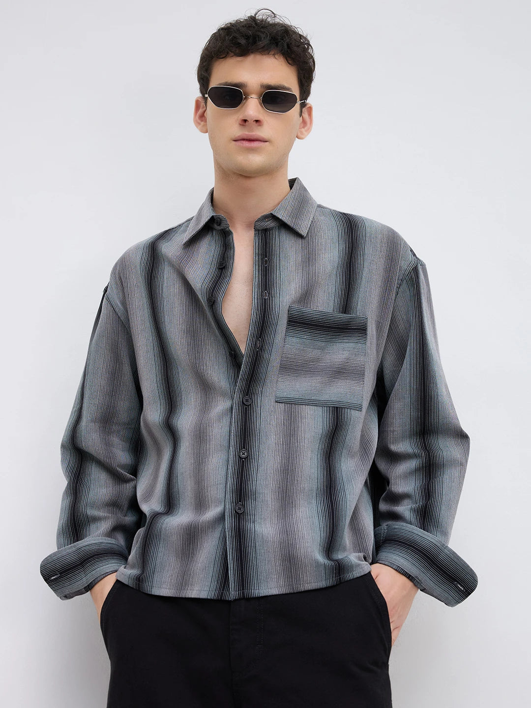 Distinctive Graphite Grey Contrastline Boxy Fit Crop Shirt