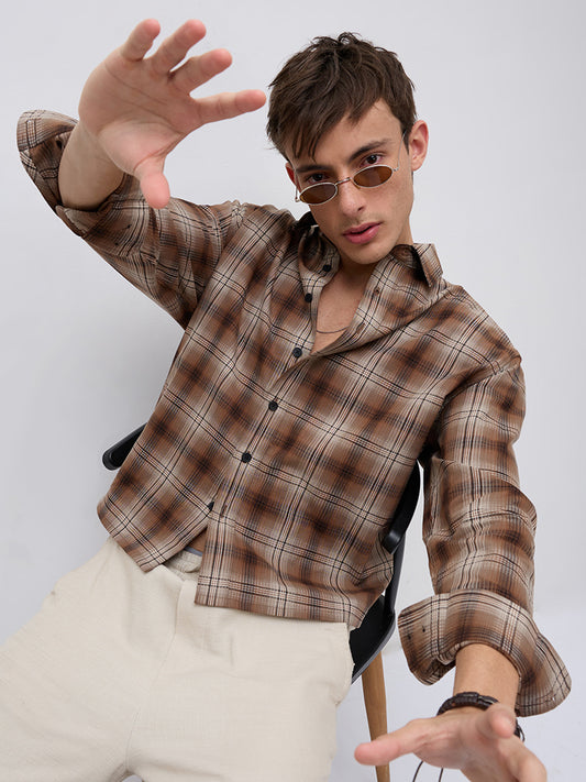 Cocoa Haze Gradient Plaid Classic Boxy Fit Crop Shirt