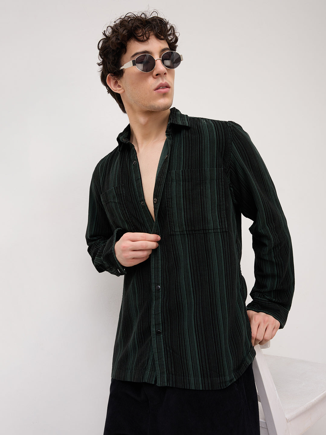 Dark Green Striped Double Pocket Corduroy Shirt