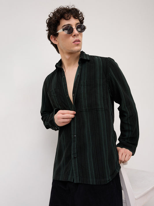 Dark Green Striped Double Pocket Corduroy Shirt