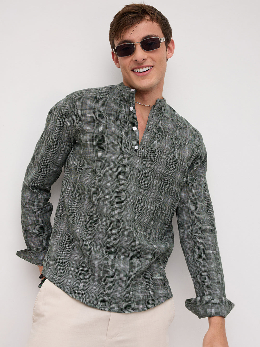 Green Glitch Micro Check Textured Matrix Everyday Kurta