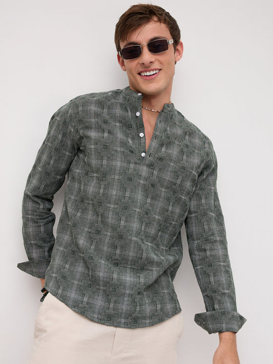Green Glitch Micro Check Textured Matrix Everyday Kurta