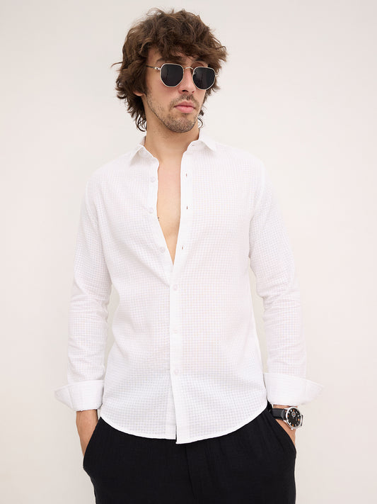 Sheer White Mini Square Checks Textured Vacation Shirt