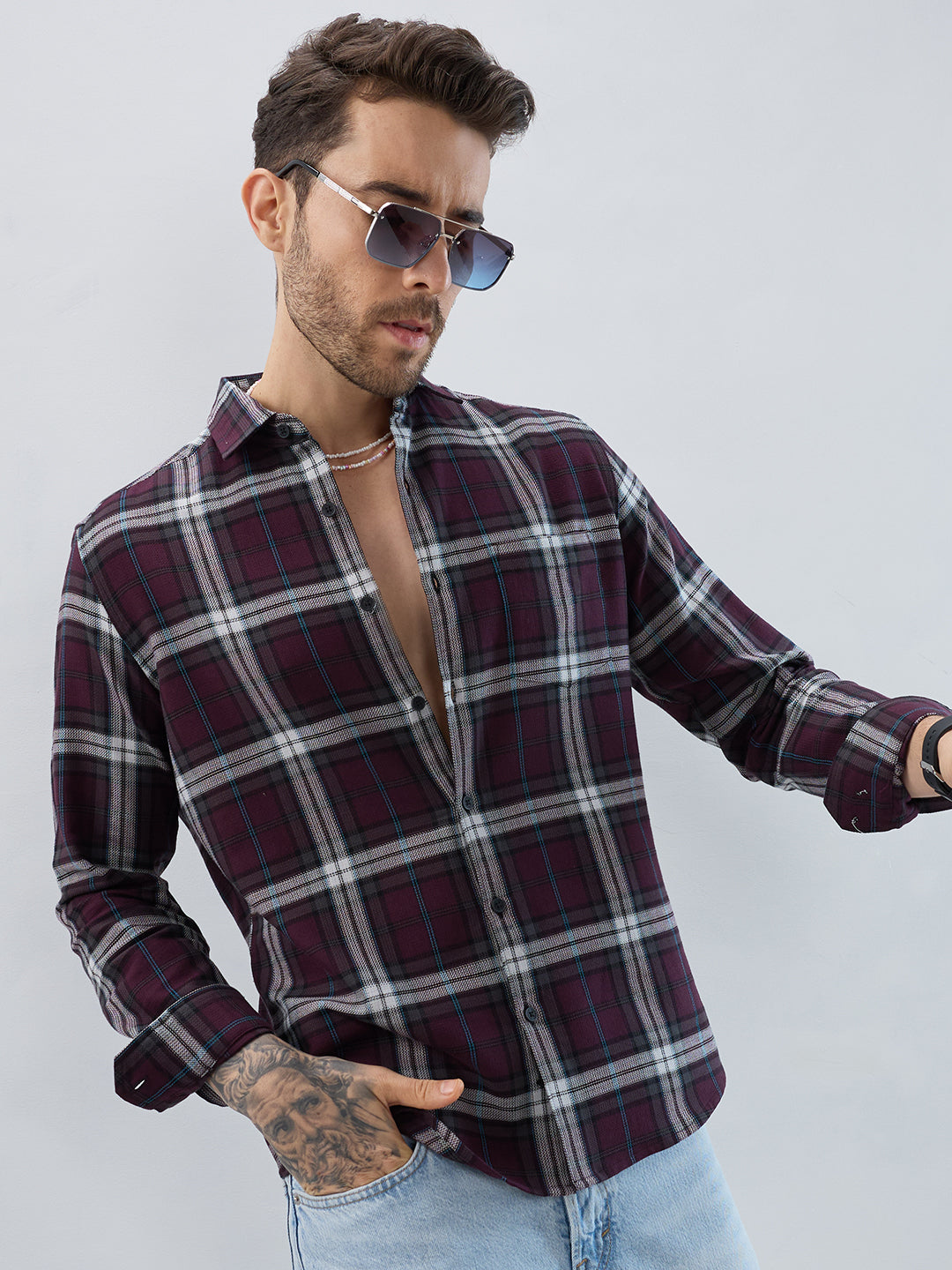 Premium Cotton Dark Maroon Tartan Plaid Checked Shirt