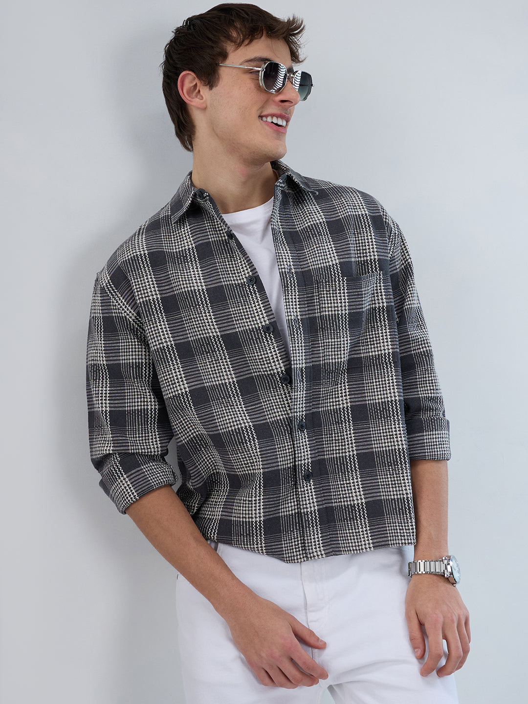 Monochrome Dense Contrast Checks Boxy Fit Crop Shirt