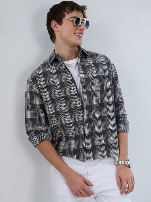 Monochrome Dense Contrast Checks Boxy Fit Crop Shirt