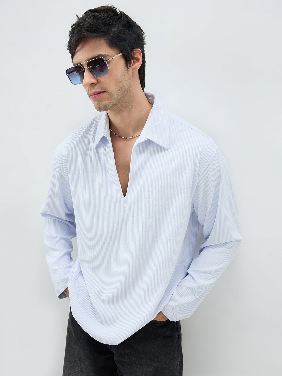 Soft Blue Precision Rib Striped Oversized Polo Knitted Shirt