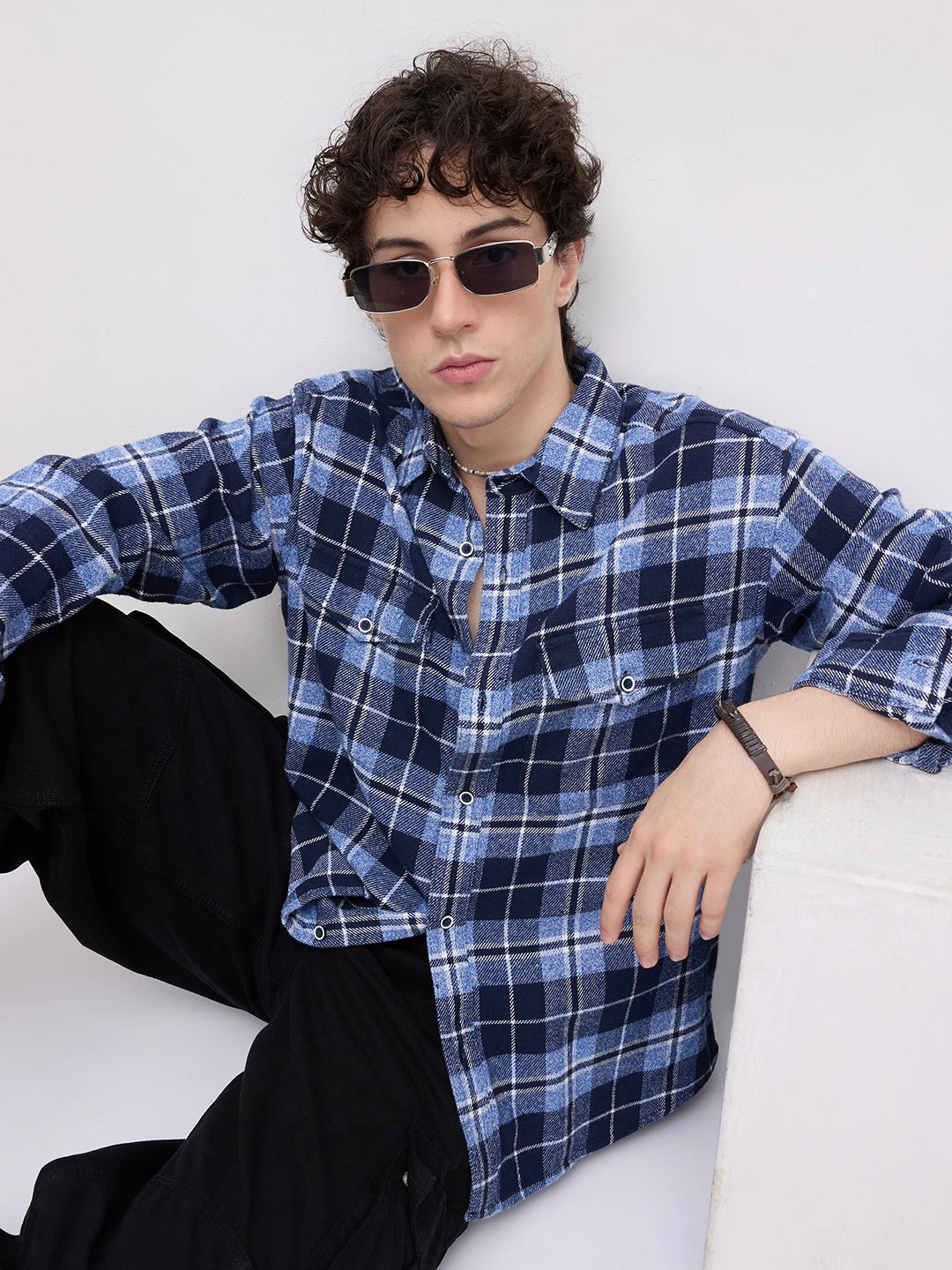 Blue Tartan Checkered Double Pocket Flannel Shirt