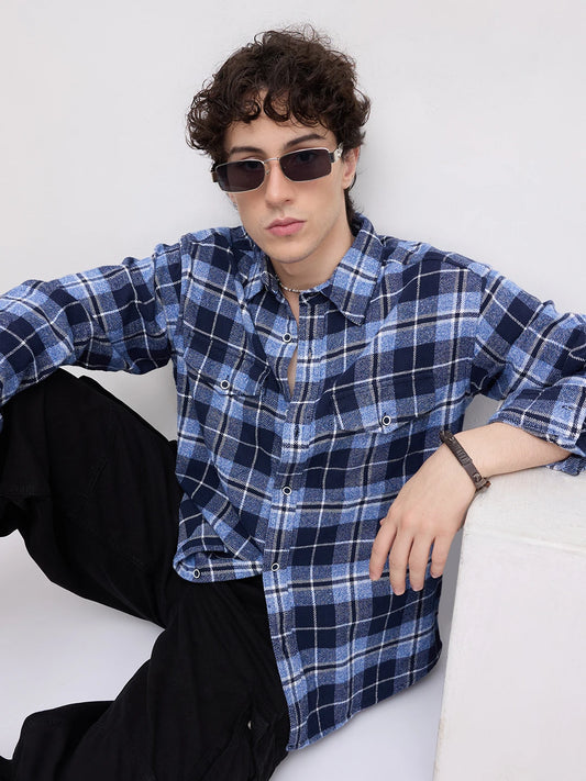 Blue Tartan Checkered Double Pocket Flannel Shirt