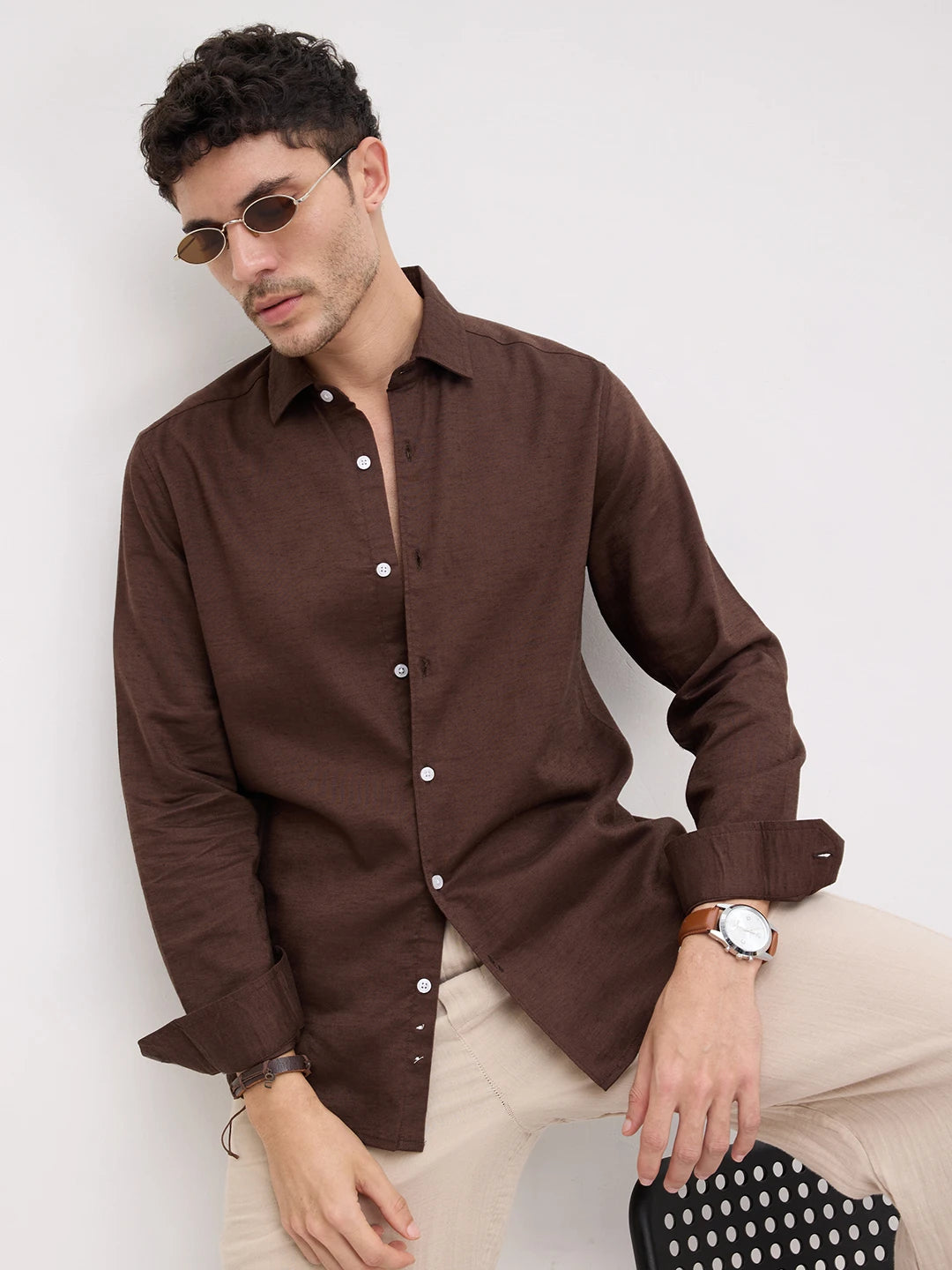 Luxe Deep Saddle Brown Linen Blend Shirt