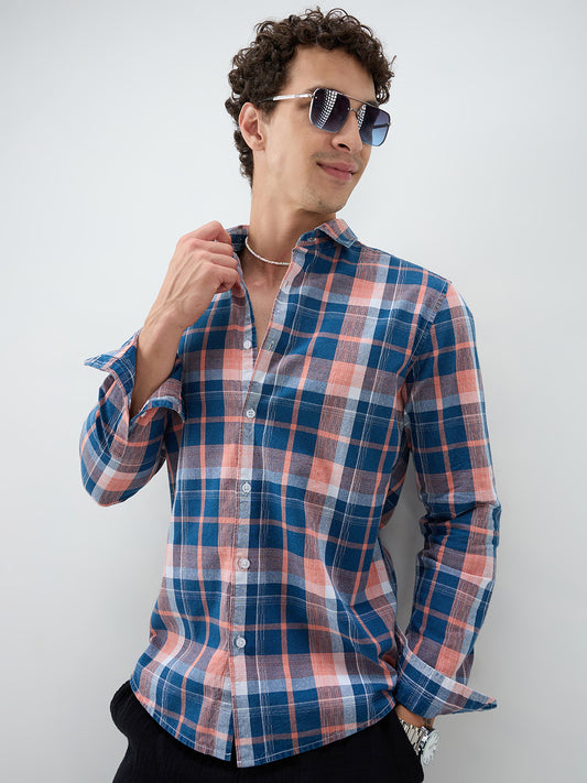 Denim Blue & Pink Multi Line Block Checks Shirt