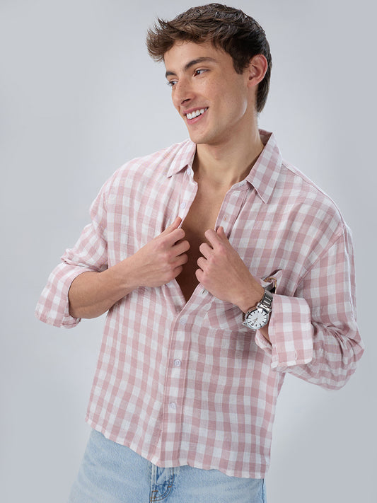 Peachy Pink Gingham Checks Boxy Fit Crop Shirt
