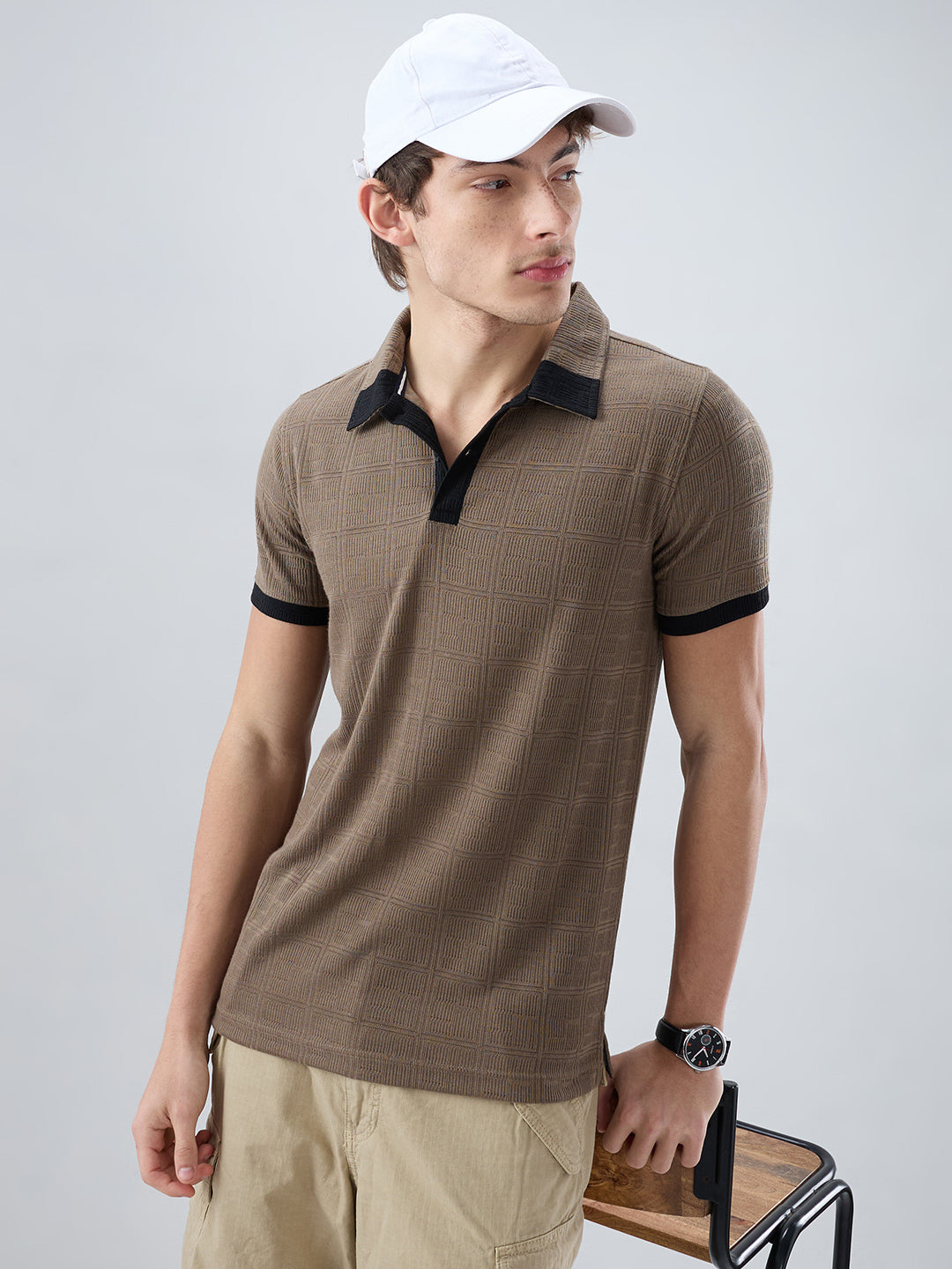 Dusty Beige Contrast Polo Neck T-shirt