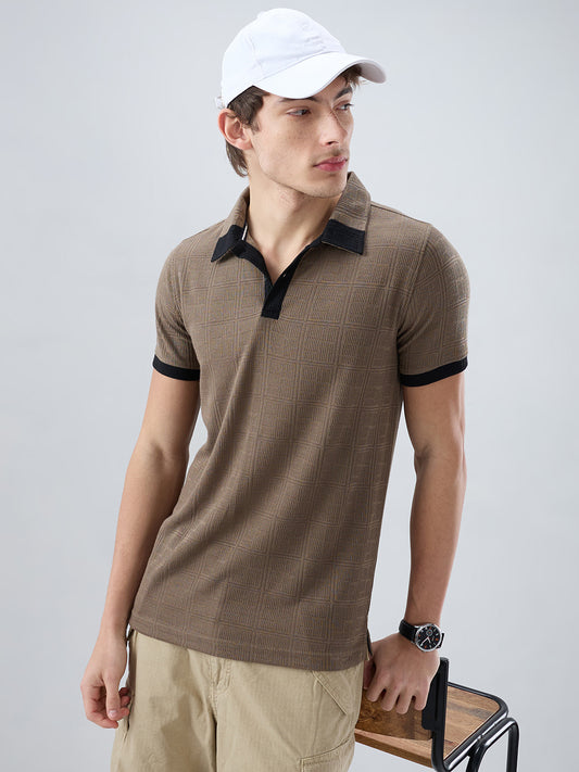 Dusty Beige Contrast Polo Neck T-shirt