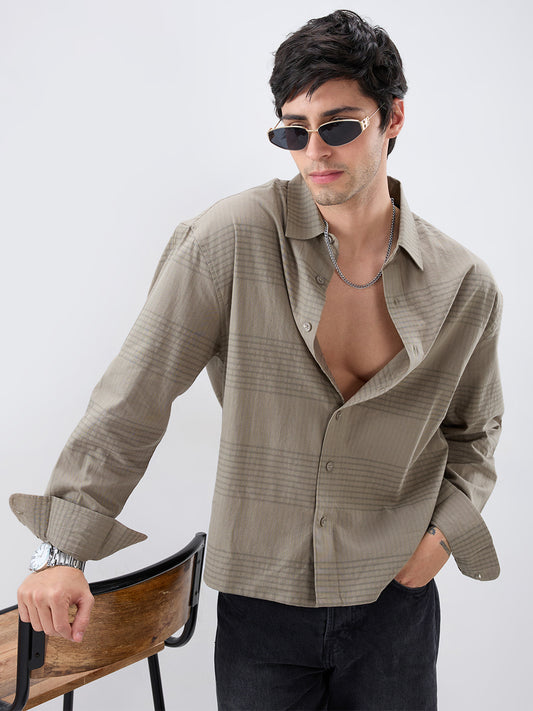 Olive Horizontal Striped Boxy Fit Crop Shirt