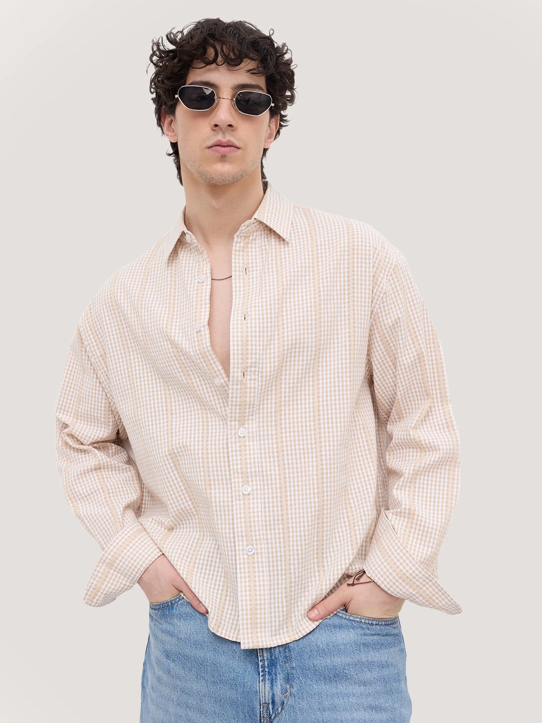 Sand Beige Vacation Checks Boxy Fit Crop Shirt