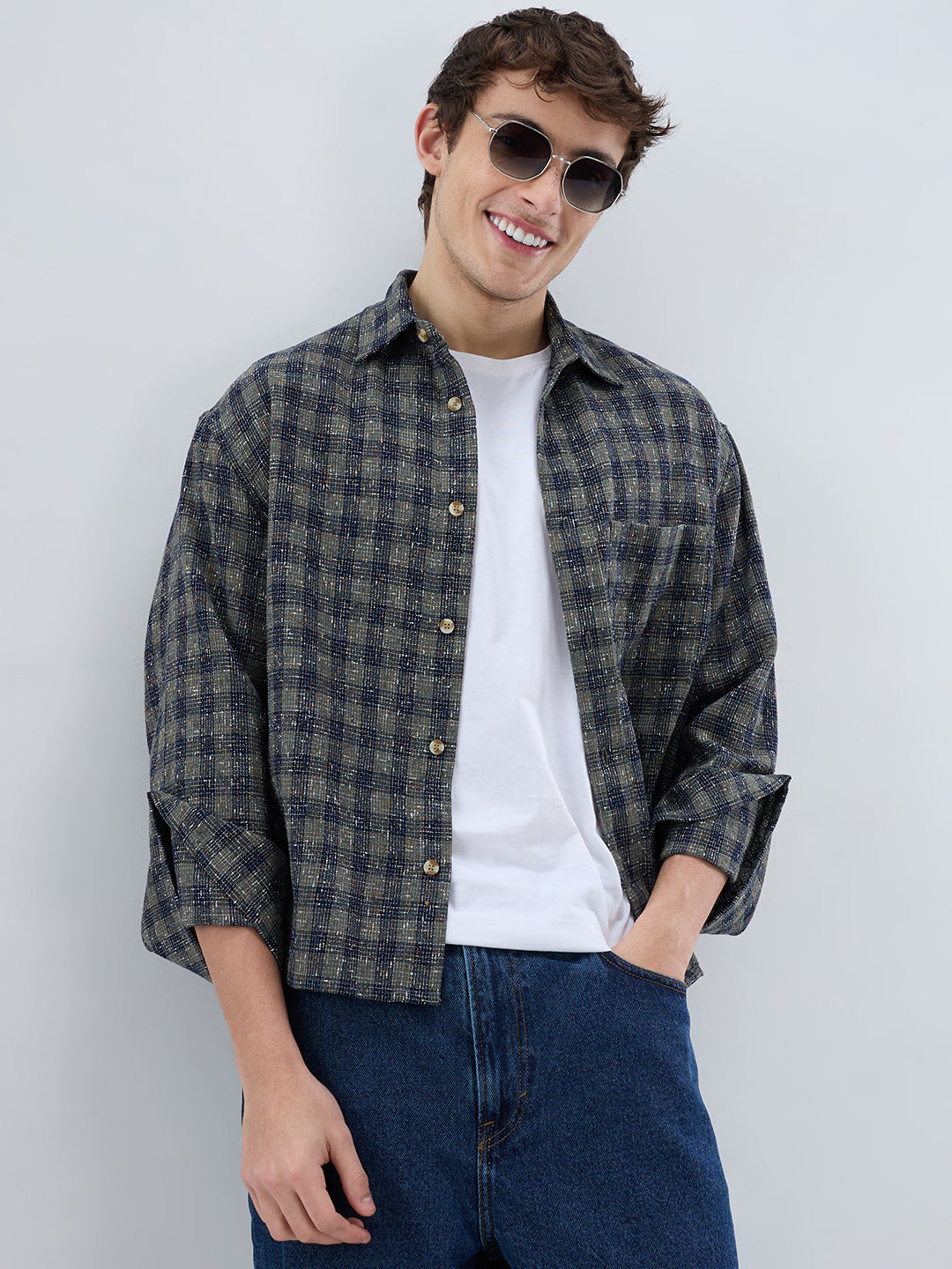 Riwaayat Glossy Olive Checked Oversized Crop Shirt