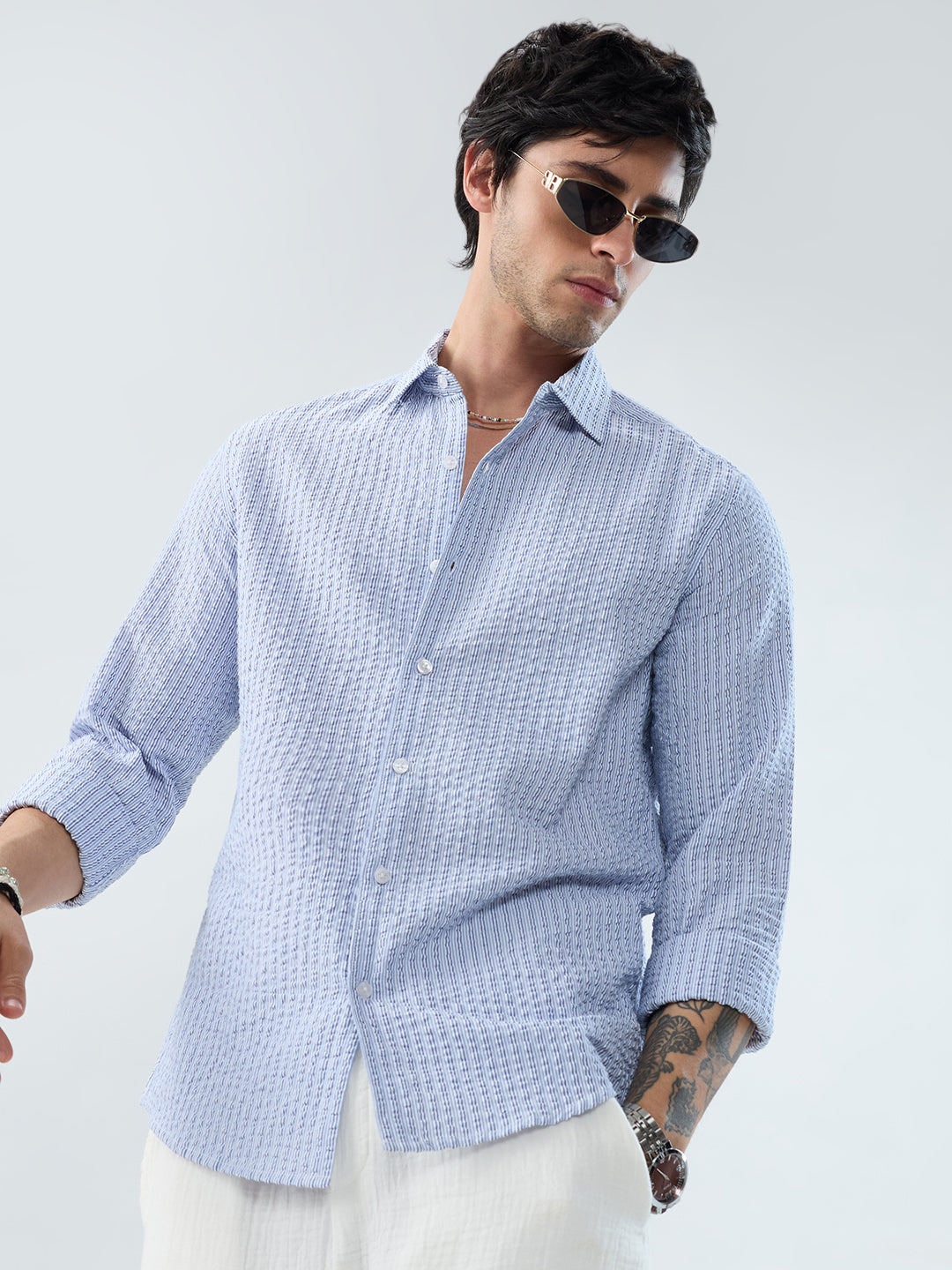 Frost White Azure Fine Striped Seersucker Shirt
