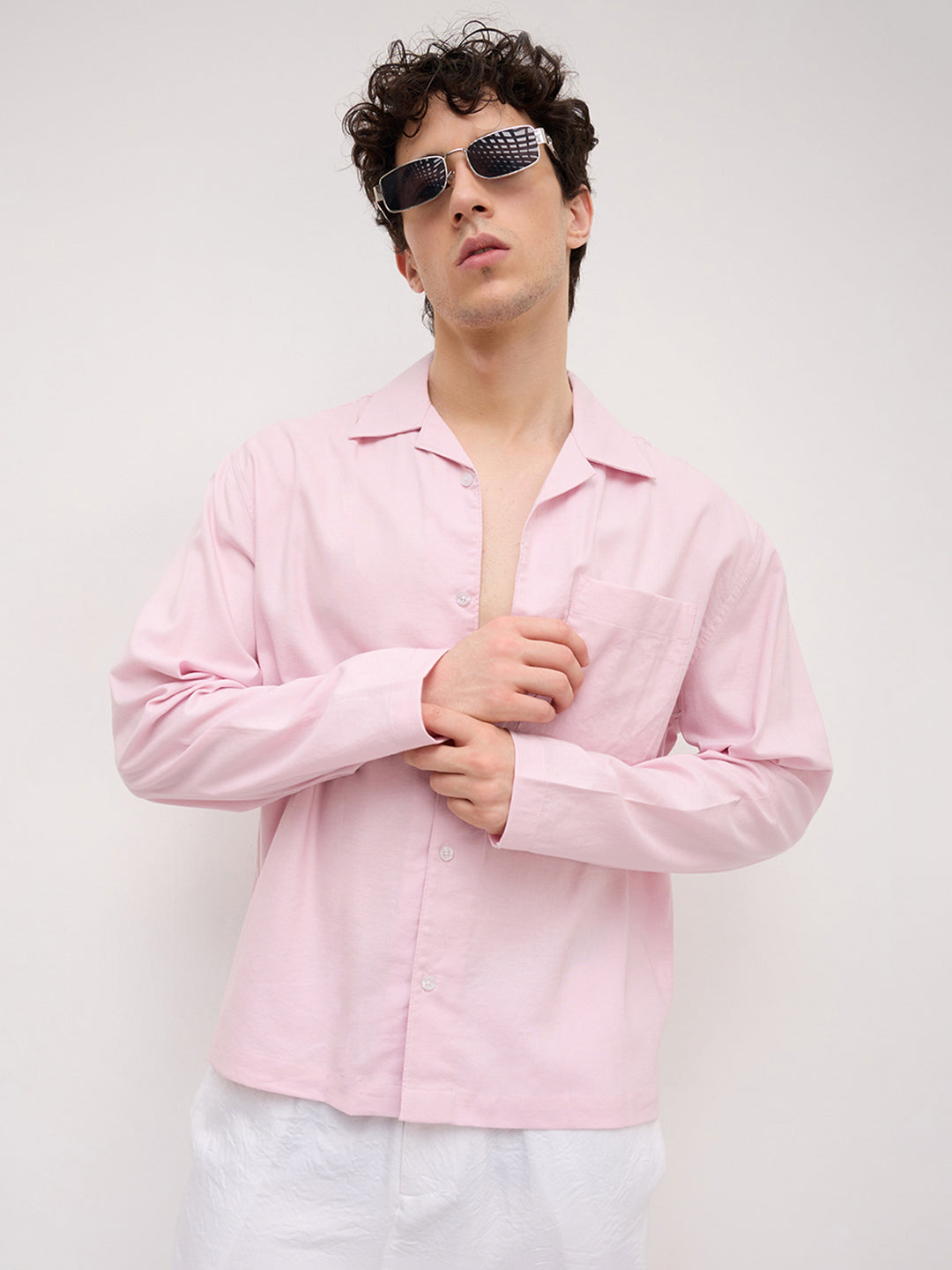 Soft Pink Linen Blend Notch Collar Oversized Shirt