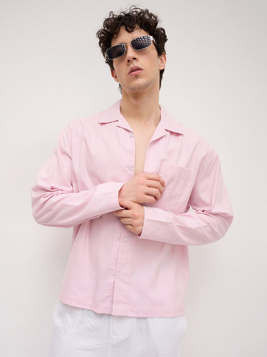 Soft Pink Linen Blend Notch Collar Oversized Shirt