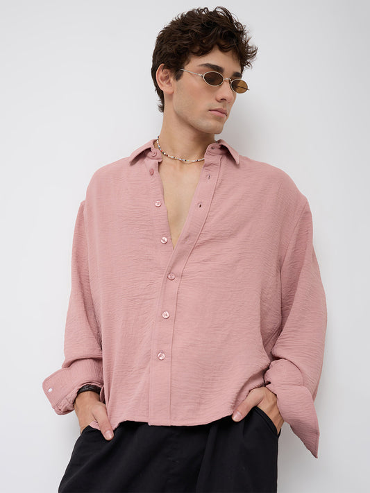 Trendy Spanish Pink Lightweight Crinkled Boxy Fit Crop Shirt