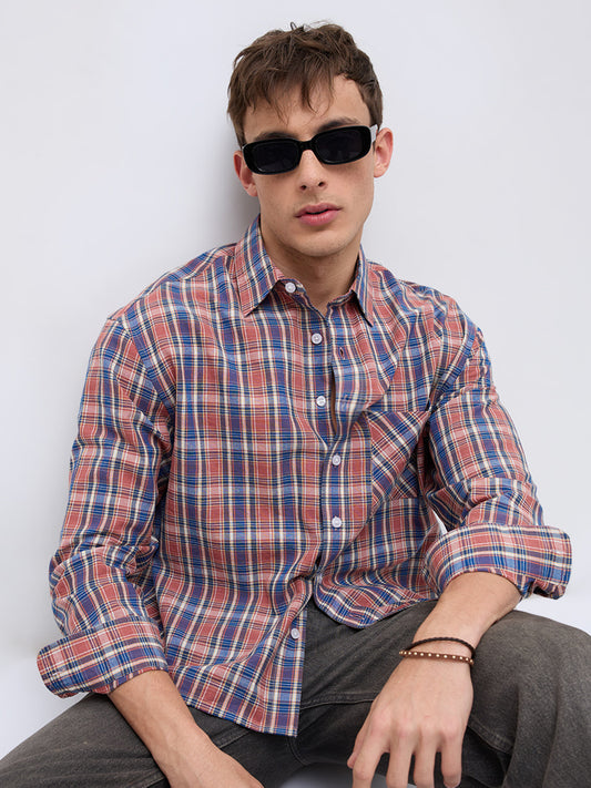 Sunset Denim Multi Checks Boxy Fit Crop Shirt