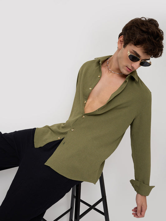 Crushed Olive Textured Crepe Shirt
