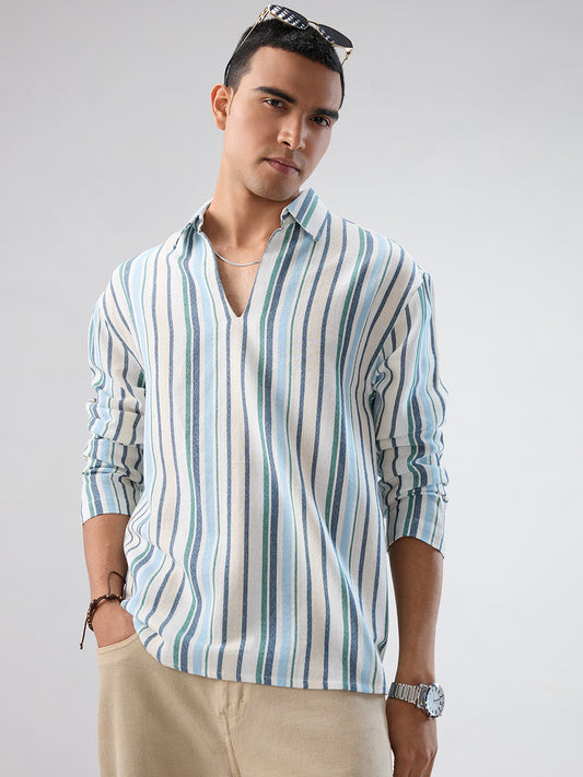 Coastal Blue Striped Oversized Polo Shirt