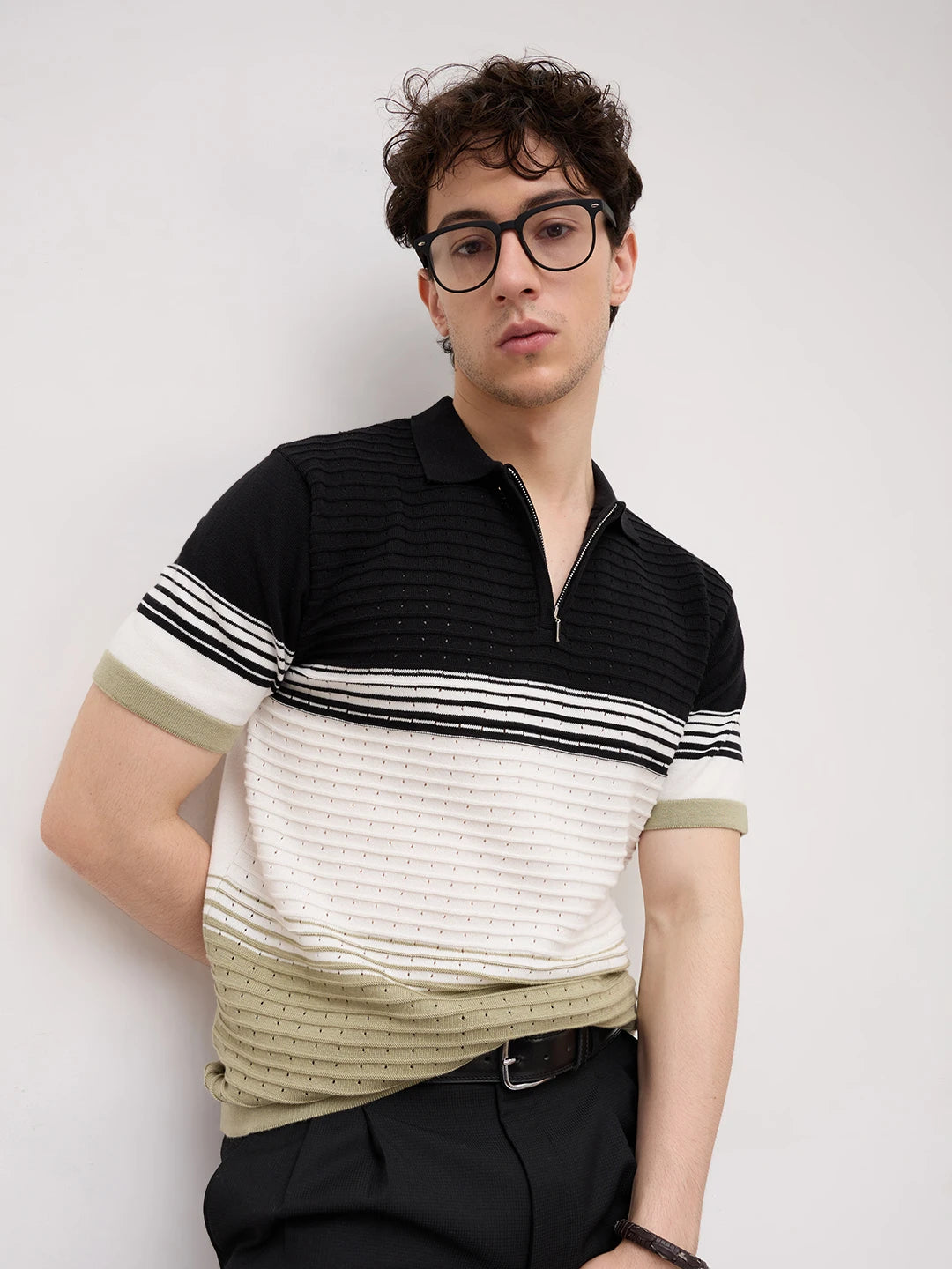 Seaside Contrast Panel Weave Flat Knit Polo T-Shirt
