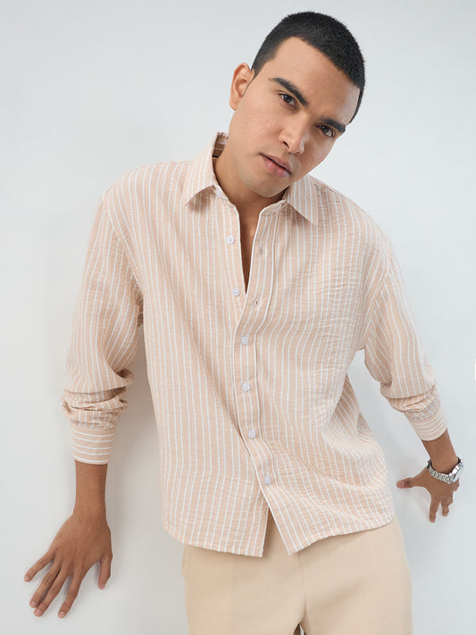 Crayola Peach Vertical Striped Crinkled Boxy Fit Crop Shirt