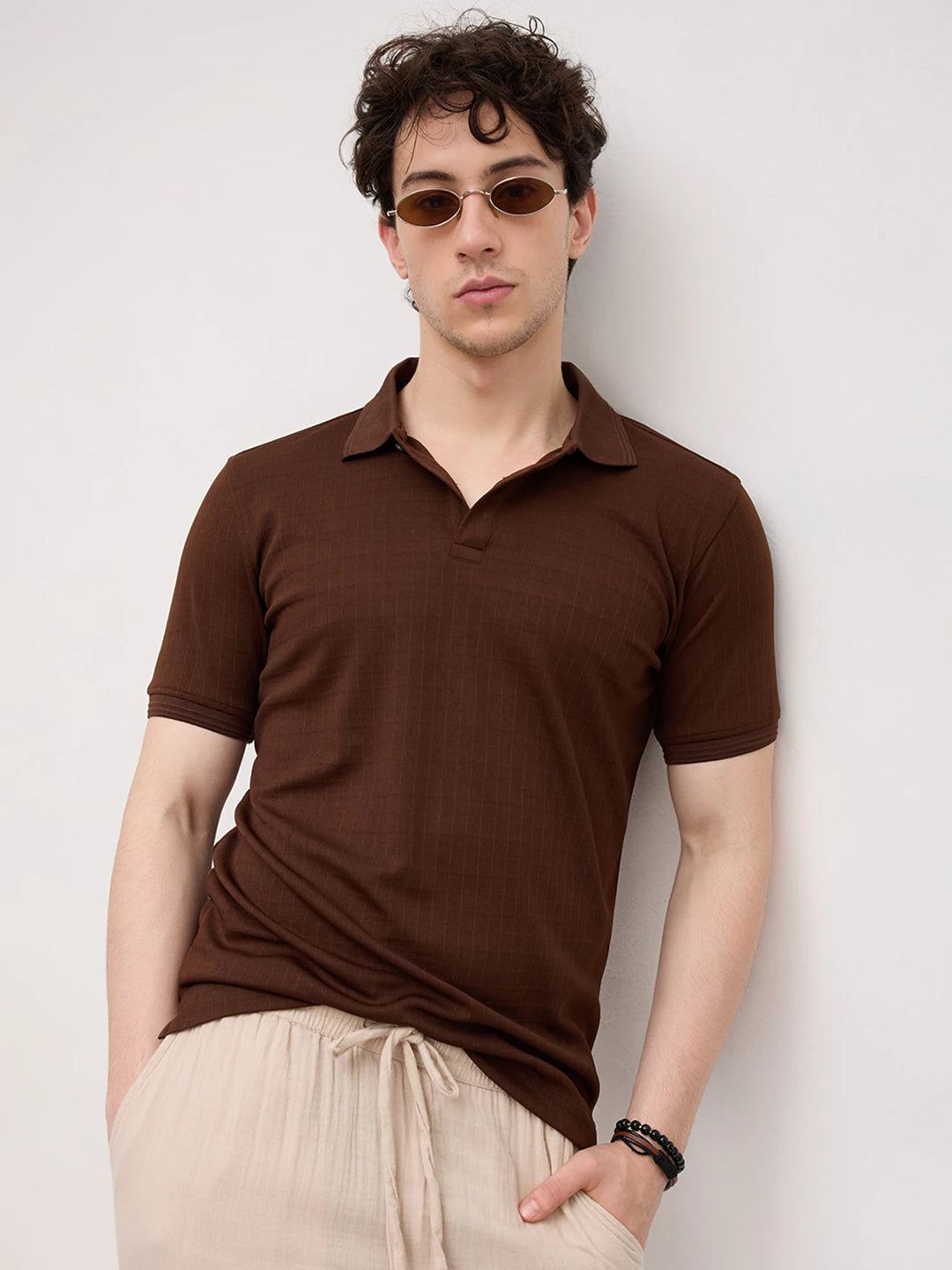 Brunette Brown Checks Weave Polo Tee