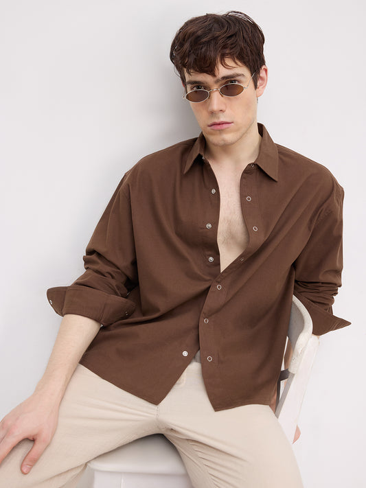 Luxe Chocolate Brown Cord Boxy Fit Crop Shirt