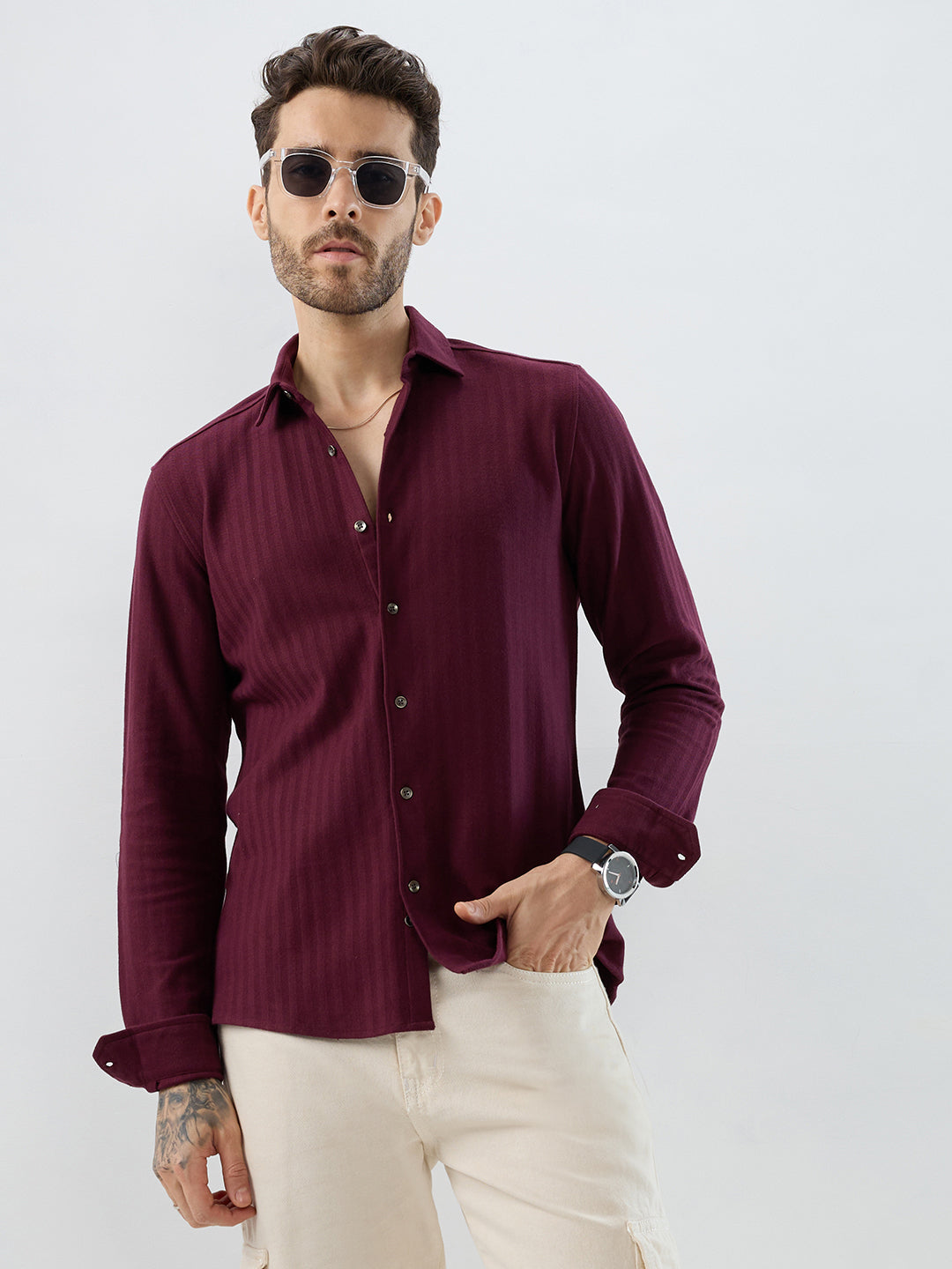 Deep Maroon Herringbone Knit Shirt