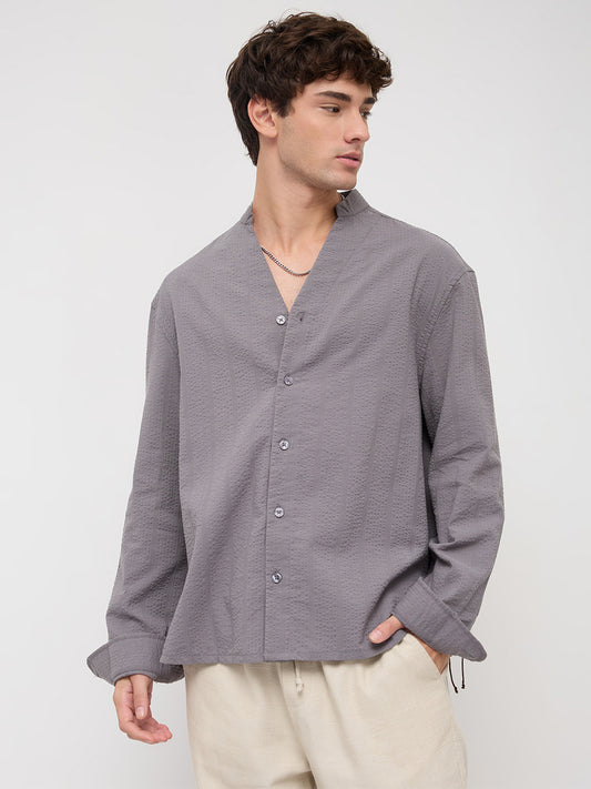 Grey Seersucker Striped Stand Collar Oversized Shirt