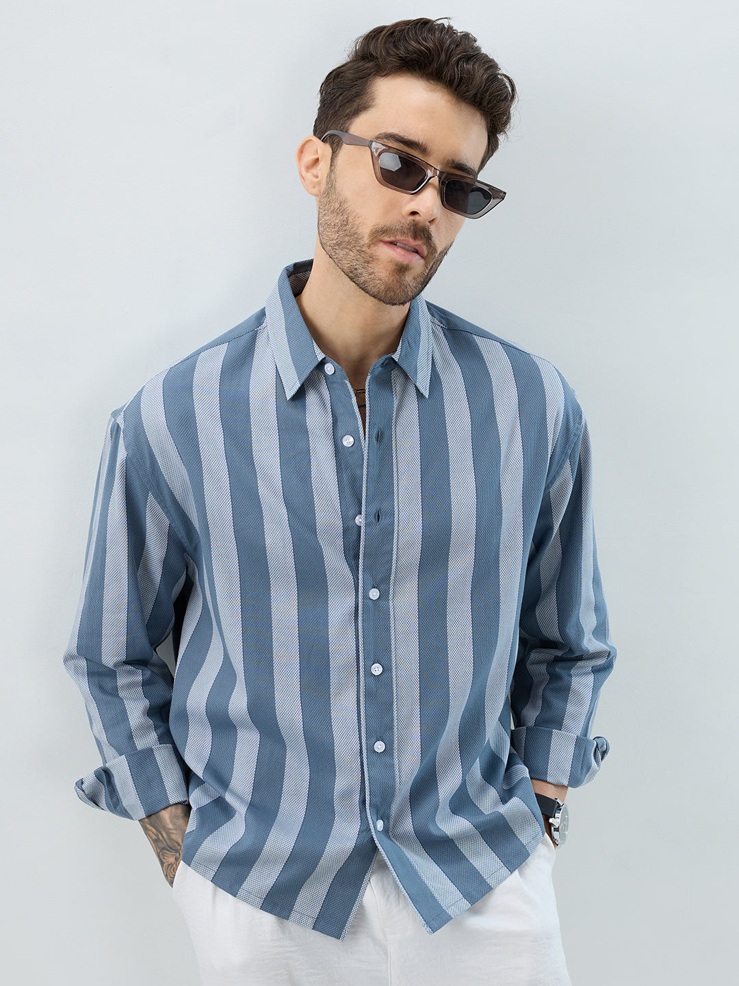 Slate Blue Grey Bold Striped Boxy Fit Crop Shirt