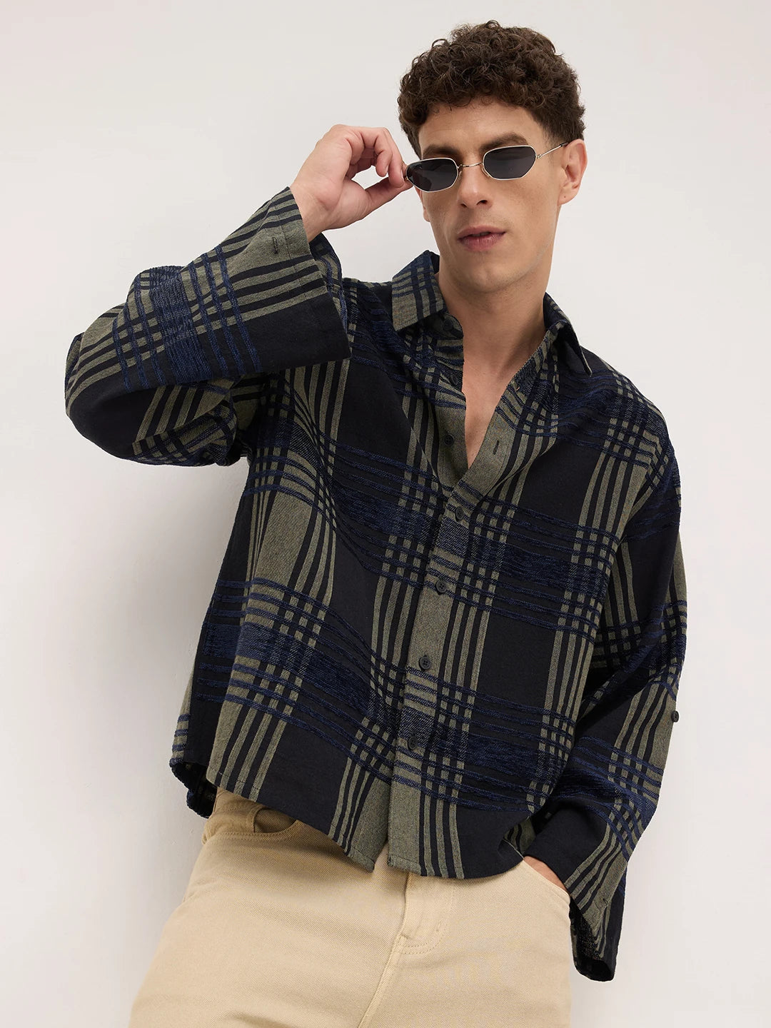 Olive & Navy Raised Plaid Checks Cuffless Oversized Crop Shirt