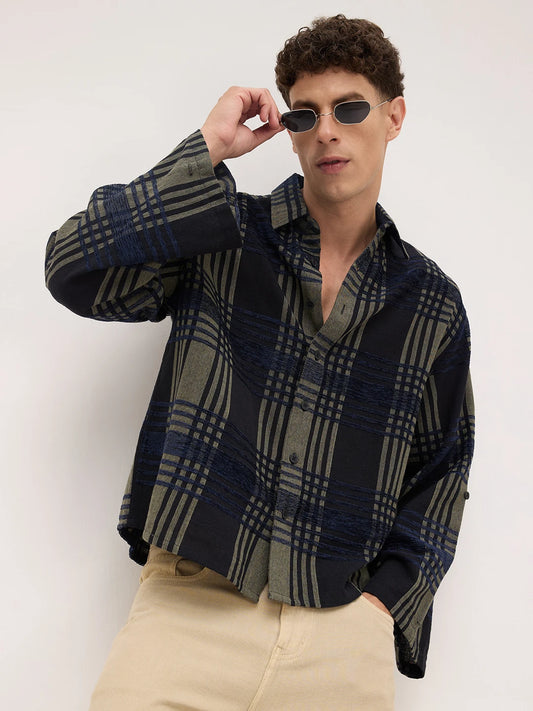 Olive & Navy Raised Plaid Checks Cuffless Oversized Crop Shirt