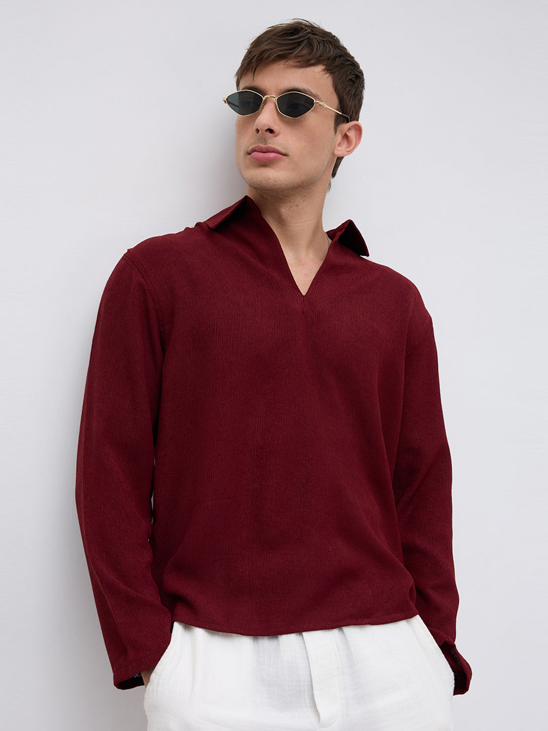Currant Red Crepe Oversized Polo Shirt