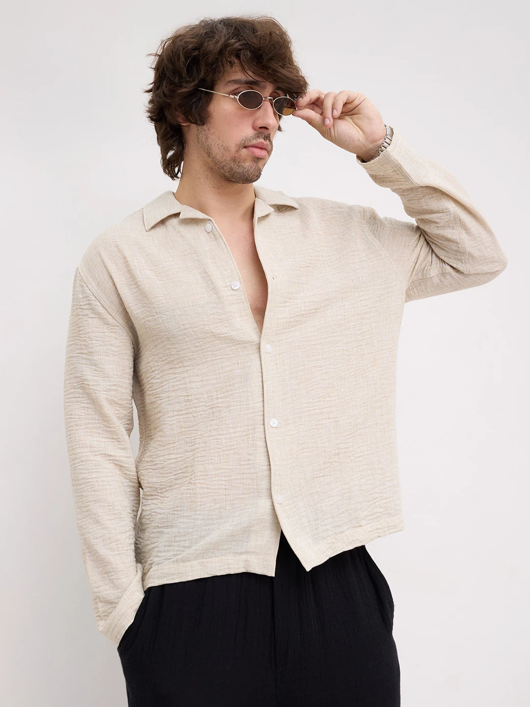 Warm Beige Crinkled  Notch Collar Oversized Shirt