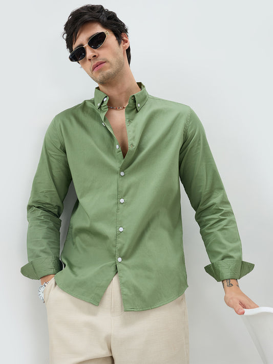 Forest Sheen Luxe Satin Button-down Collar Shirt