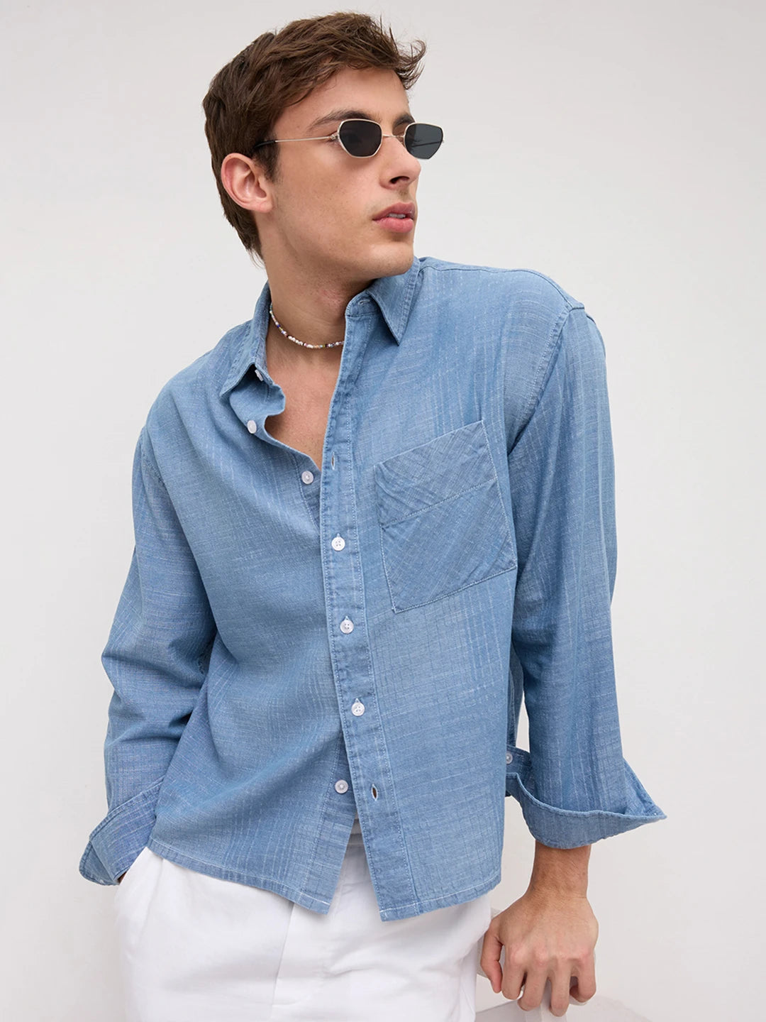 Luxe Denim Checks Boxy Fit Crop Shirt