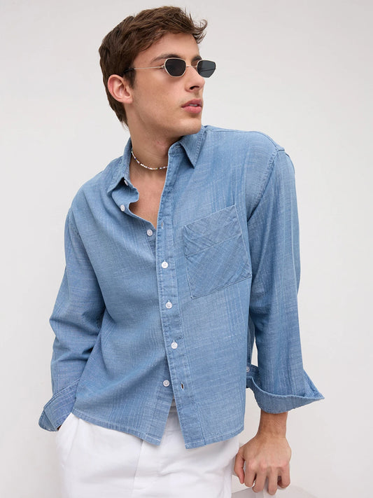 Luxe Denim Checks Boxy Fit Crop Shirt