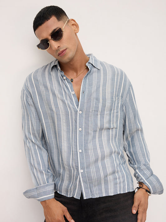 Plushy Grey Stripes Boxy Fit Crop Shirt