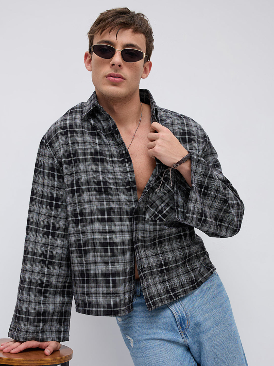 Eclipse Grid Fine Checks Cuffless Oversized Crop Shirt