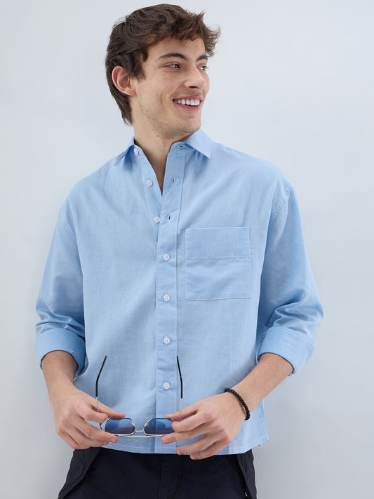 Luxe Blue Fine Sheer Linen Blend Boxy Fit Crop Shirt